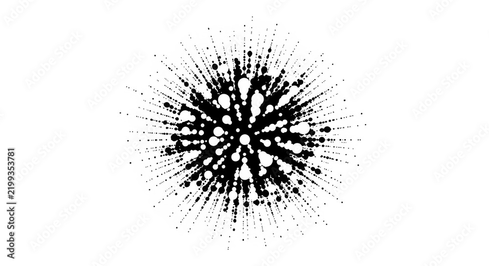 Fototapeta premium Intense circle halftone dots burst with black and white high density particles for abstract modern digital cover designs.