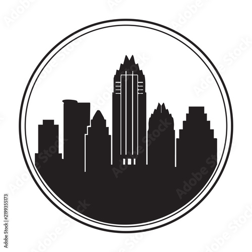 Black city skyline silhouette badge icon in circle isolated on white background