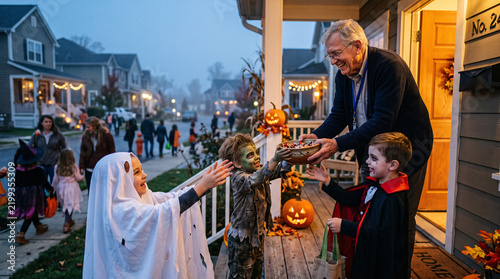 Friendly senior man giving Halloween candy to happy kids on decorated suburban porch