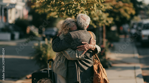 Reunion Embrace: A heartwarming scene unfolds as a couple embraces on a sun-dappled street, reunited after a journey. The emotion of their reunion is palpable.