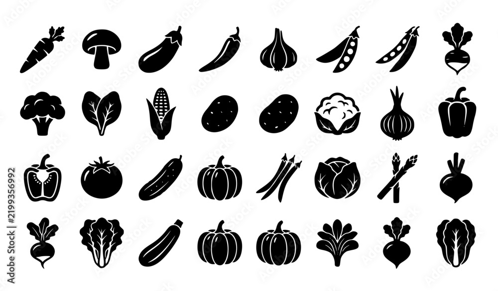 Fototapeta premium Vegetable Flat Silhouette Icons Set with Carrot Tomato Broccoli Onion and Fresh Produce Vector Collection