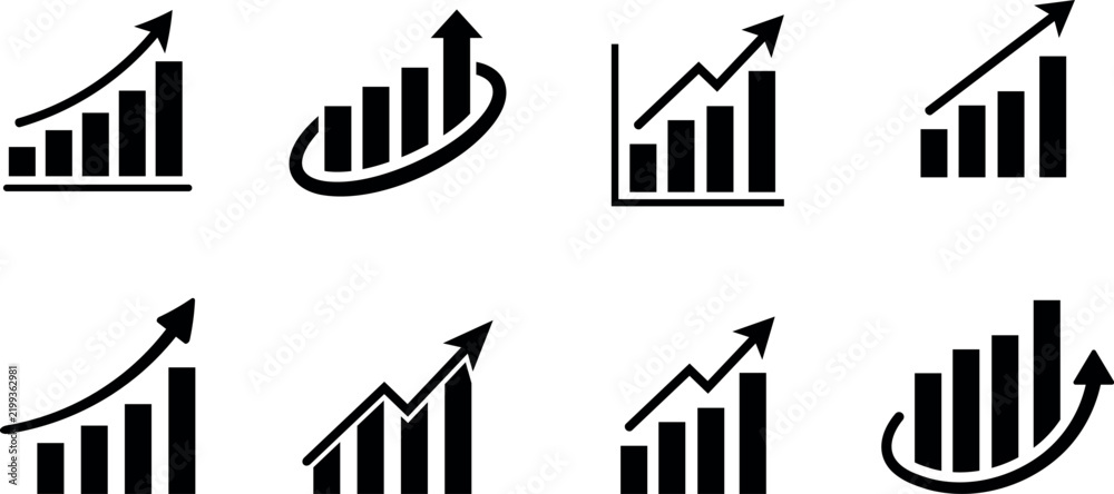 Obraz premium A collection of black and white business growth bar chart icons showing upward trends for financial data analysis
