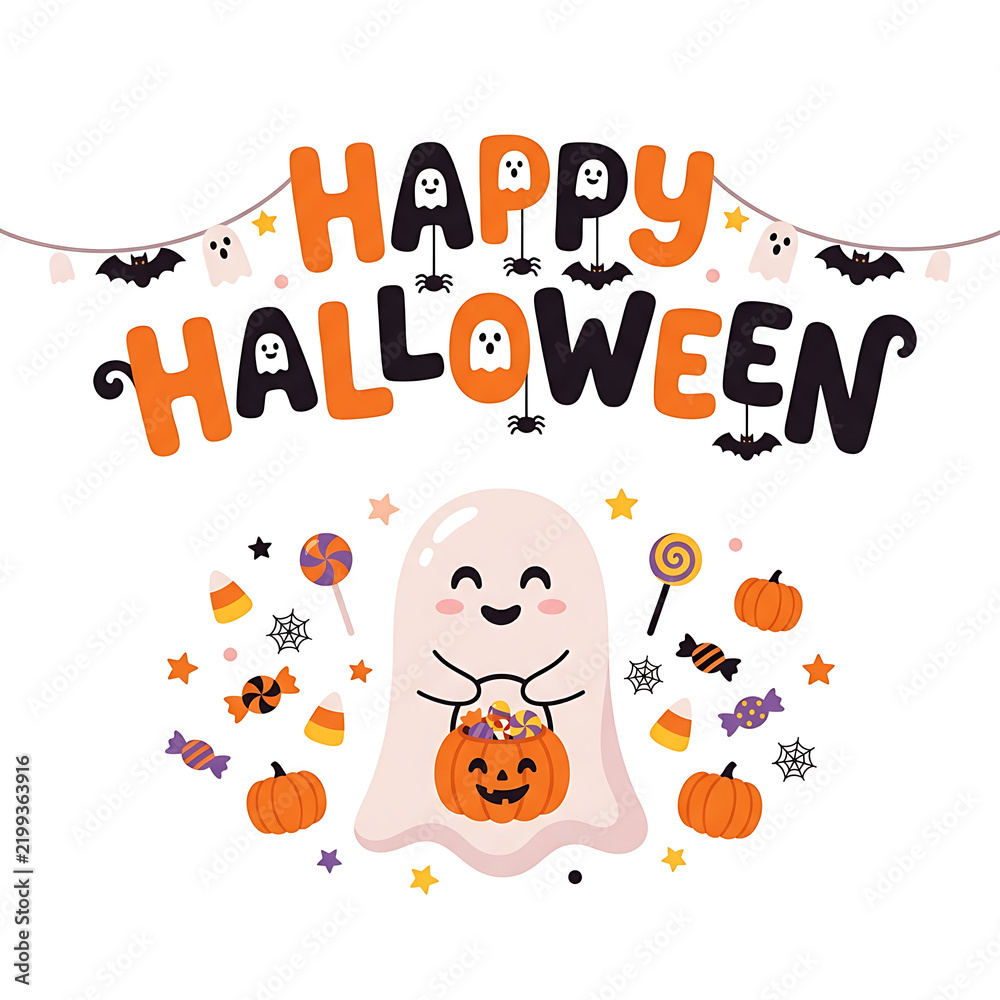 Fototapeta premium Halloween greeting vector illustration with cute ghost, pumpkins, candy, and spooky lettering on a white background