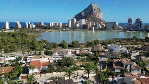 vista aerea con dron del apeñon de Ifach, Calpe,España y de las salinas naturales