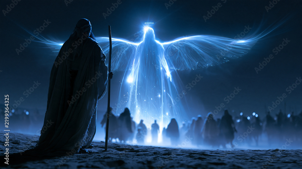Fototapeta premium Faceless glowing angelic figure with wings protecting ancient people from an approaching army, a leader with a staff guiding a group in the desert at night, divine protection and