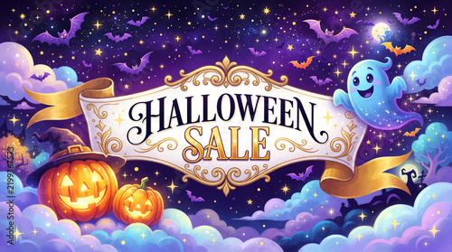 Halloween themed scene with pumpkins, bats, and a ghost, perfect for sale and promotional content