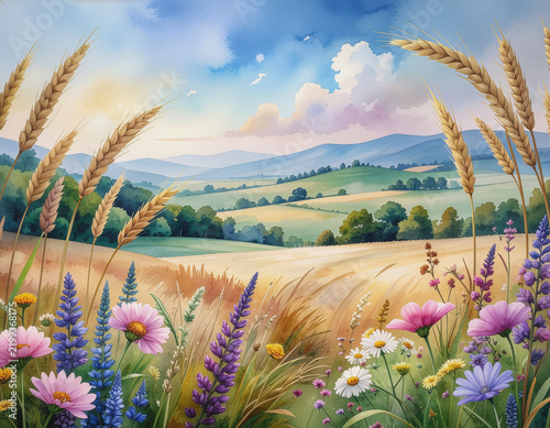 Watercolor Frame of Wildflowers, Wheat, Fields, AI