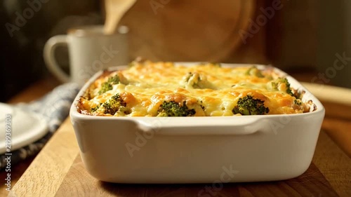 Broccoli Cheese Bake in White Casserole Pan On Wooden Board