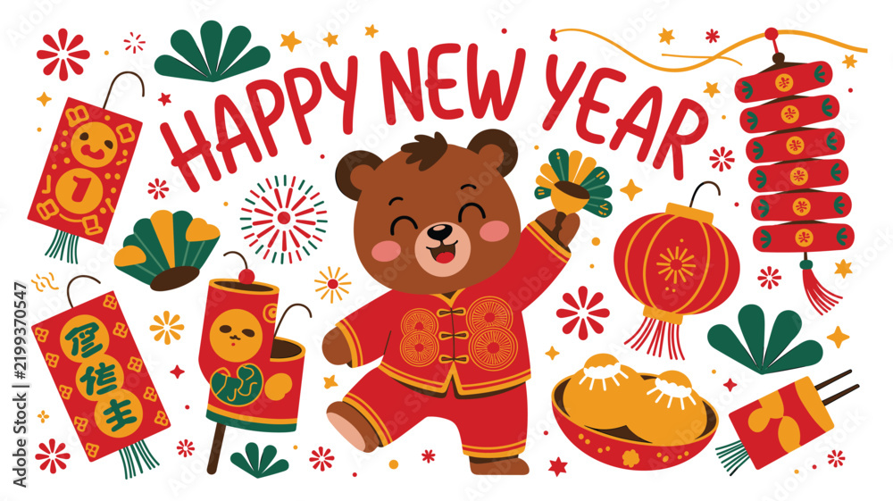 Fototapeta premium Cute cartoon bear in traditional chinese clothing celebrating the lunar new year festival