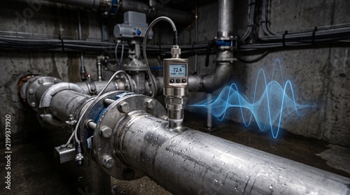 Industrial ultrasonic flow meter on metal pipe, digital acoustic wave sensor for water management, smart utility infrastructure monitoring