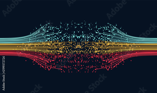 Abstract digital background featuring symmetrical colorful flowing lines with scattered particles across the center