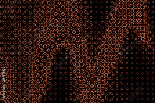 Abstract orange circles pattern on a dark background with geometric shapes and bokeh effect