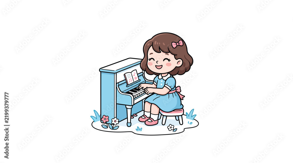 Fototapeta premium Girl Playing Toy Piano In Blue Dress Cartoon Vector Illustration