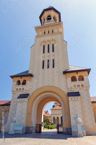 Low angle view of Coronation Cathedral entrance tower in Alba Iulia Romania