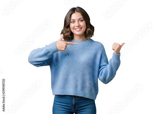 Young woman wearing blue sweater pointing both hands to the side with smile