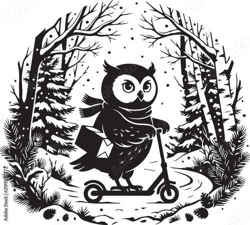 Cute owl wearing scarf riding scooter delivering mail through snowy forest winter vector design.