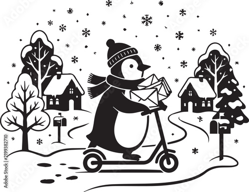 Cute penguin wearing scarf delivering letters on scooter in cozy winter village vector silhouette.