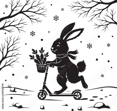Bunny driving kick scooter with basket of carrots in snowy forest for spring holiday decoration projects.