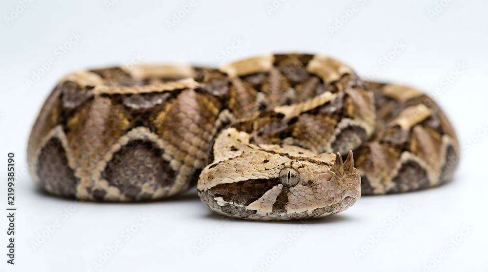 Obraz premium Close up of a rhinoceros viper with striking patterns and distinctive horns coiled neatly isolated on white background