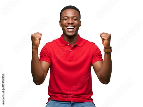 Young african american man wearing red polo shirt celebrating with joy