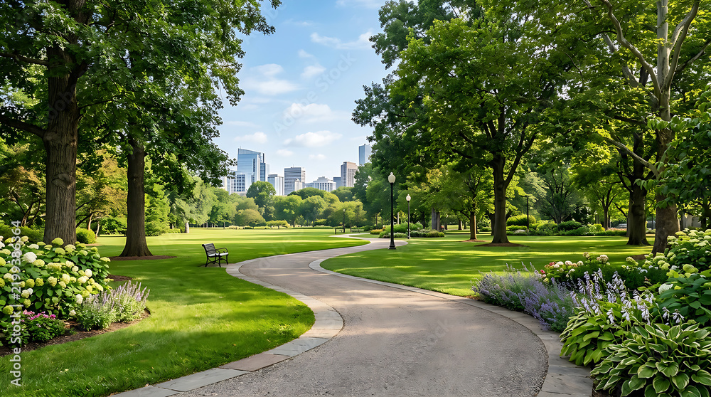 Fototapeta premium Serene Park Pathway With Lush Green Trees.