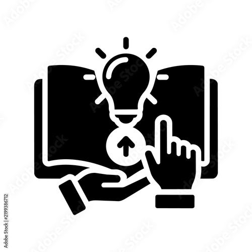 Black icon of knowledge concept with book, lightbulb, and hand touch gesture