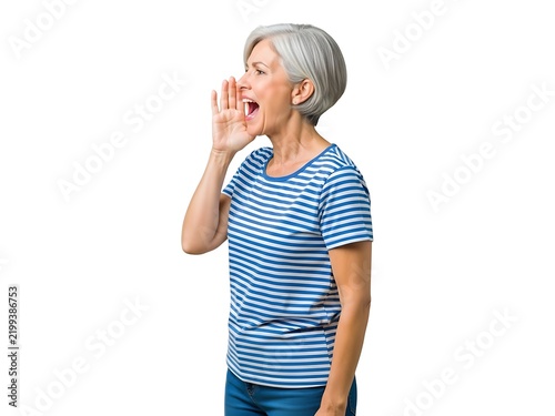 A senior woman with short gray hair shouting loudly with hand near mouth