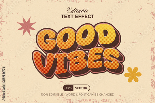 Editable Retro Text Effect Good Vibes Wavy 3D Style.