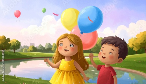  Children with Balloons by Pond