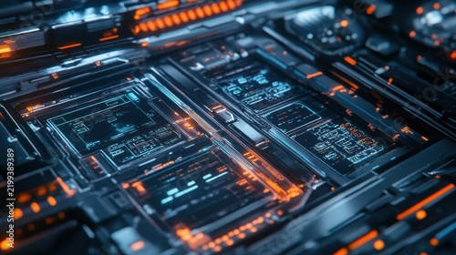 Futuristic sci-fi electronic circuit board with glowing orange and blue lights, advanced technology background