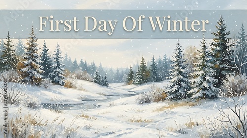 Artistic winter forest scene with snow-covered trees and a winding stream in a watercolor style evergreen