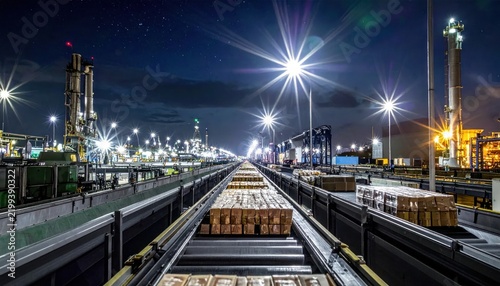 Industrial night scene with cargo transport, conveyor belts moving gold bars and industrial facilities with bright lights