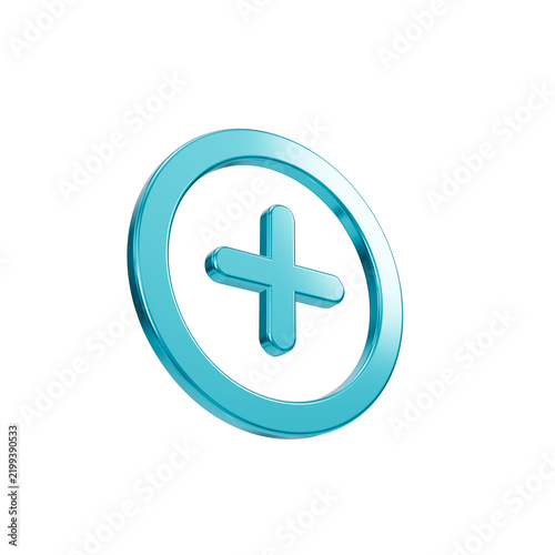 Stunning glowing turquoise blue 3d icon depicting a plus sign symbol centered neatly inside a circular ring shape isolated against a clean solid dark black background transparent png format