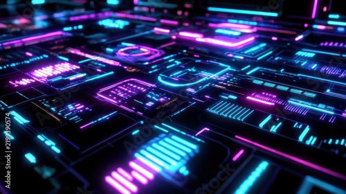 Futuristic cyberpunk glowing digital technology interface background with neon blue and purple abstract data cyber grids