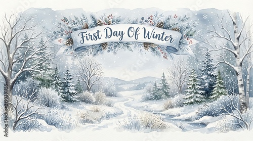 Watercolor Painting of a Snowy Winter Landscape with Winding Path and Pine Trees illustration