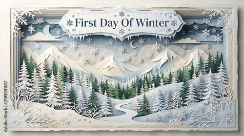 Intricate paper-cut art of a winter mountain landscape with snow-covered trees and a 