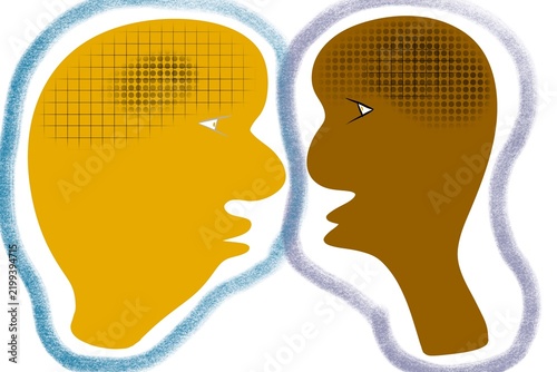 Illustrazione concettuale di due profili umani in dialogo e confronto aperto