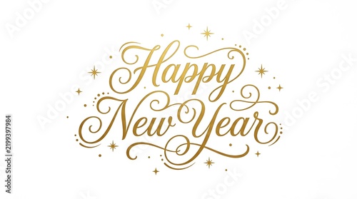 Golden calligraphy happy new year lettering with sparkles on a white background