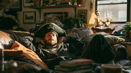 A relaxed bearded man wearing a pirate hat with a skull and crossbones, lounging comfortably on a brown leather sofa in a sunlit living room, enjoying a casual and playful moment with warm