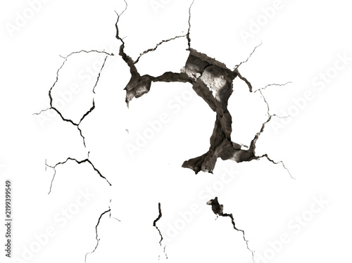 Cracked concrete wall hole as isolated on with concrete, fracture as isolated on transparent background