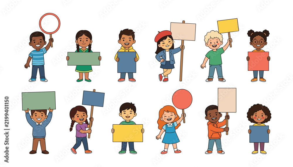 Fototapeta premium Diverse cute children holding empty blank banners placards and signs vector collection for message announcement or protest illustration