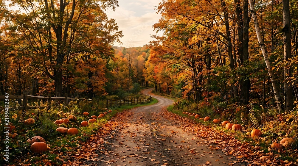 Obraz premium Winding country dirt road lined with pumpkins during peak autumn season.