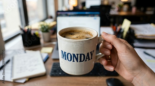 Person holding a coffee mug with Monday text in a blurred home office workspace with a laptop
