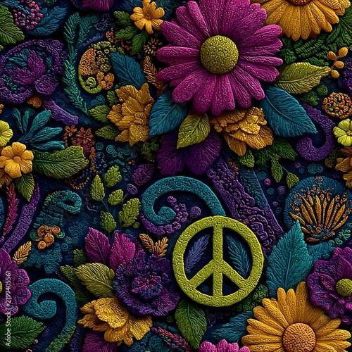 Colorful Floral Arrangement with Peace Symbol in a Vibrant Nature Setting