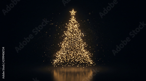Conceptual minimalist New Year's Eve image, elegant Christmas tree formed entirely from hundreds of tiny glowing golden lights floating 