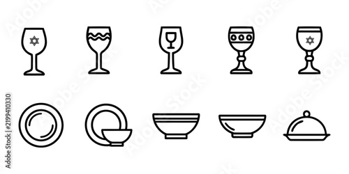 Hanukkah Kiddush Goblets and Tableware Line Art Icon Set Vector