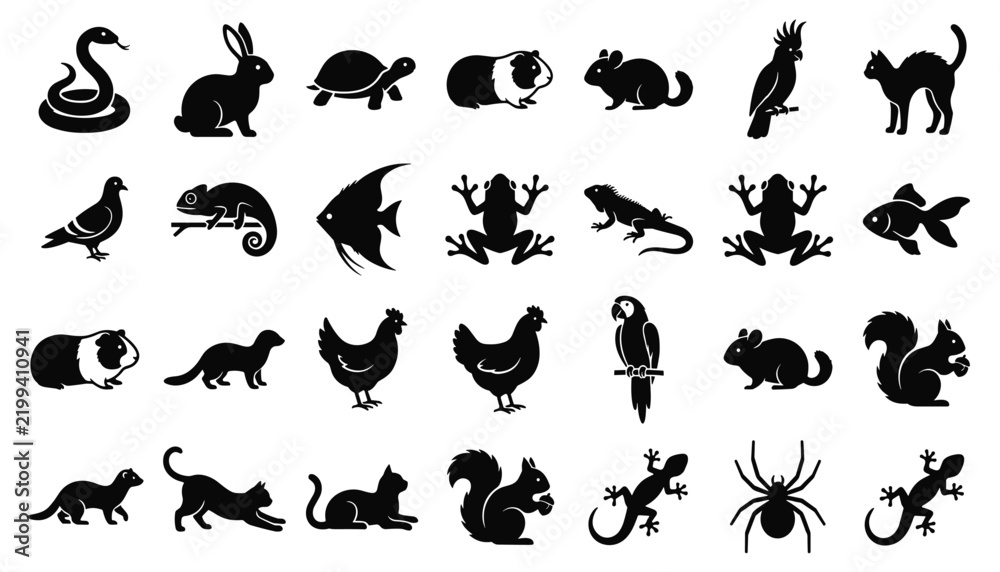 Fototapeta premium Domestic pets and small animals silhouette vector icon set featuring cats rodents birds reptiles and exotic domestic creatures for graphic design
