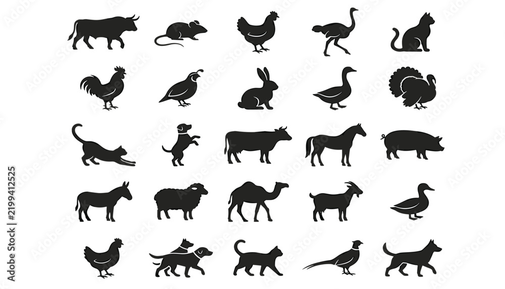 Fototapeta premium Domestic farm animals and pets silhouette vector icon set featuring livestock birds cats and dogs for graphic design