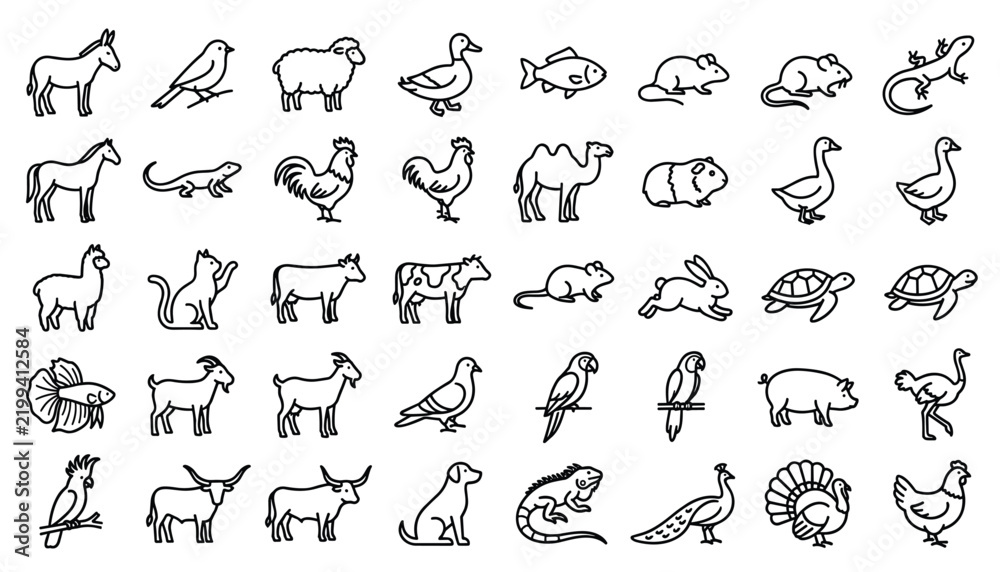 Obraz premium Cute animal outline icon set featuring farm livestock domestic pets birds reptiles and aquatic creatures for web graphic design