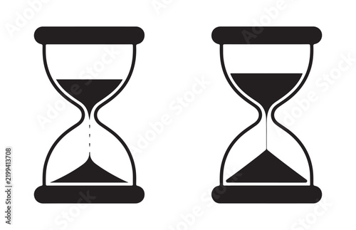 Minimalist black hourglass silhouettes with falling sand indicating progress and time passage for interface.
